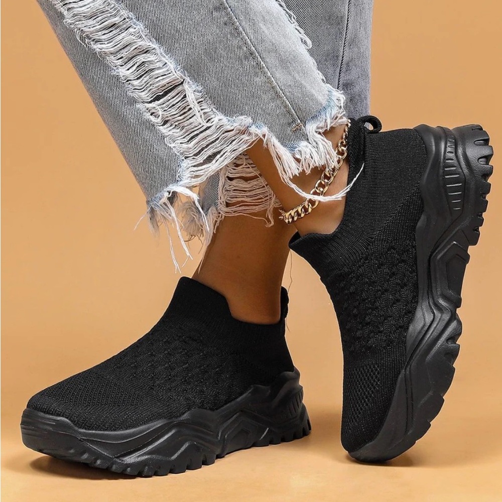 Black Knit Slip-On Platform Sneakers for Women